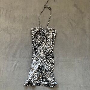 Y2K Abstract Halter Dress Black Gray Size S Ruched Bodycon Party Cocktail‎
